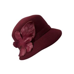 Vtg Banash Boston Maroon Wool Cloche Hat Leather Flower Accent Dark Academia